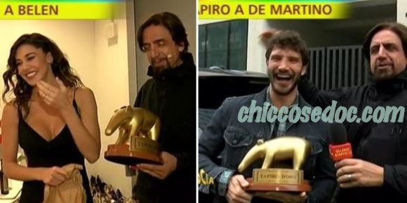 "STRISCIA LA NOTIZIA" - Valerio Staffelli porta due distinti tapiri d'oro a Belen Rodriguez e Stefano De Martino..