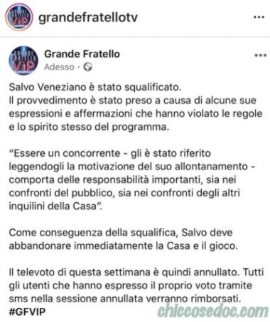 "GRANDE FRATELLO VIP 4" - La squalifica decretata per Salvo Veneziano..