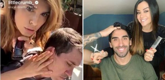 Elisabetta Canalis e Giorgia Palmas, in tempo di quarantena a casa, si improvvisano hairstylists in diretta per i rispettivi consorti.. Brian Perri e Filippo Magnini