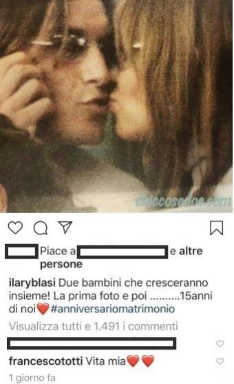Lo scambio di dichiarazioni tra Francesco Totti e la moglie Ilary Blasi per i loro 15 anni, ieri, di matrimonio..